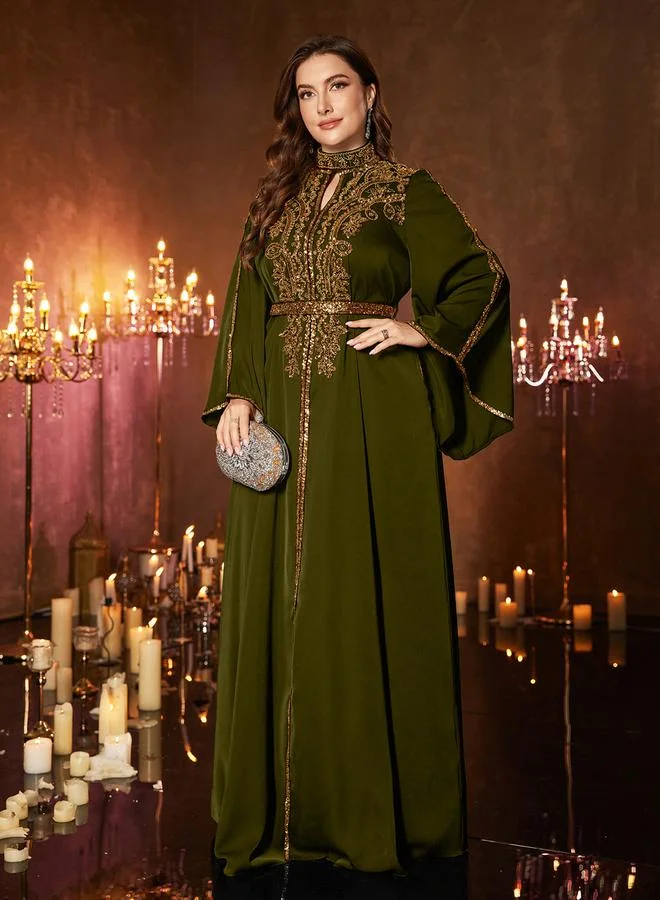 Unithorse olive green Plus Size Olive Sequin Maxi Dress with Bell Sleeves for Women | Best Price UAE