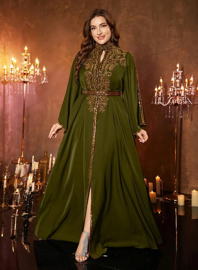 Unithorse olive green Plus Size Olive Sequin Maxi Dress with Bell Sleeves for Women | Best Price UAE