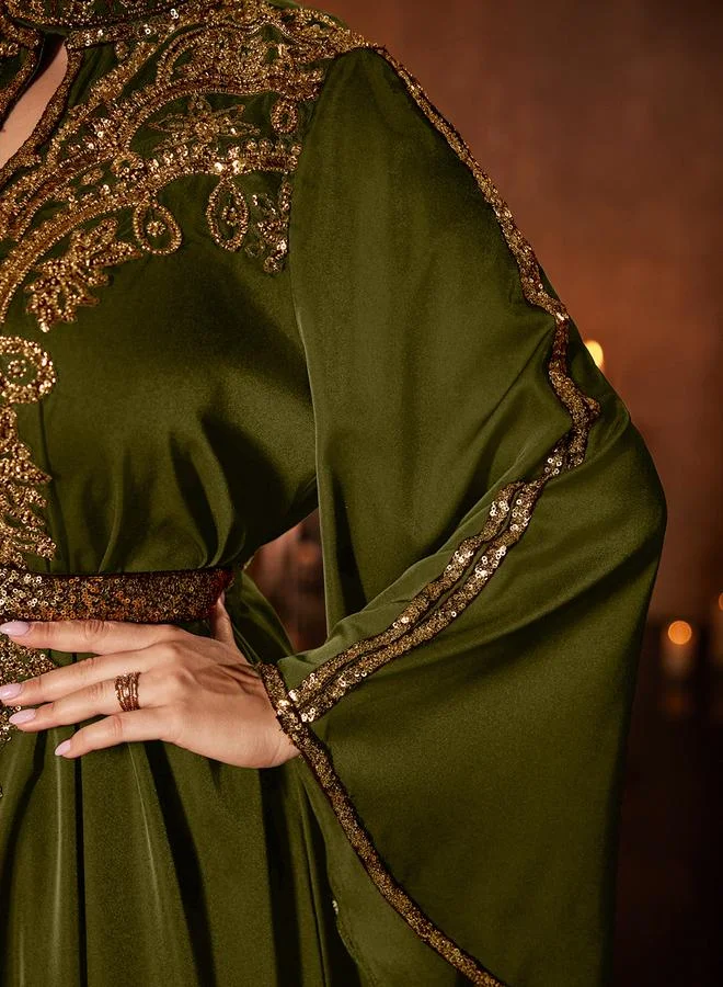 Unithorse olive green Plus Size Olive Sequin Maxi Dress with Bell Sleeves for Women | Best Price UAE