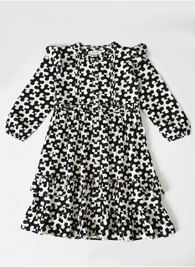 بيلا مودا Bella Moda Printed Ruffled Detail Knee-Length Dress
