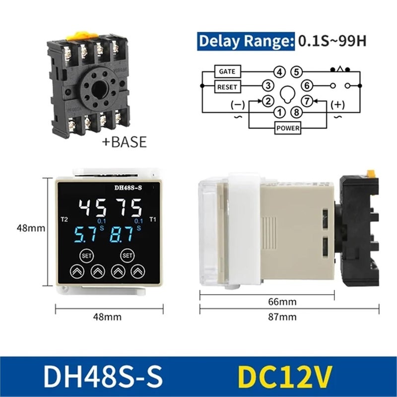 مرحل توقيت رقمي DH48S-S/1Z/2Z قابل للبرمجة تأخير دوري AC220V AC380V DC24V DC12V مع قاعدة مقبس 8 دبوس سكة دين 0.01S-9999H (DH48S-2Z DC12V) - Image 2
