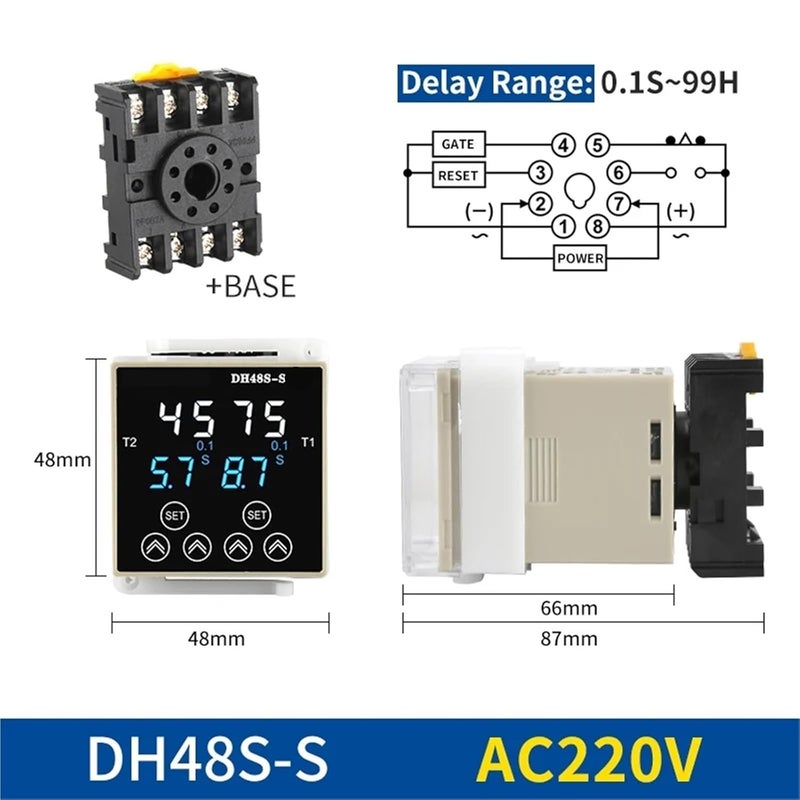 مرحل توقيت رقمي DH48S-S/1Z/2Z قابل للبرمجة تأخير دوري AC220V AC380V DC24V DC12V مع قاعدة مقبس 8 دبوس سكة دين 0.01S-9999H (DH48S-2Z DC12V) - Image 4