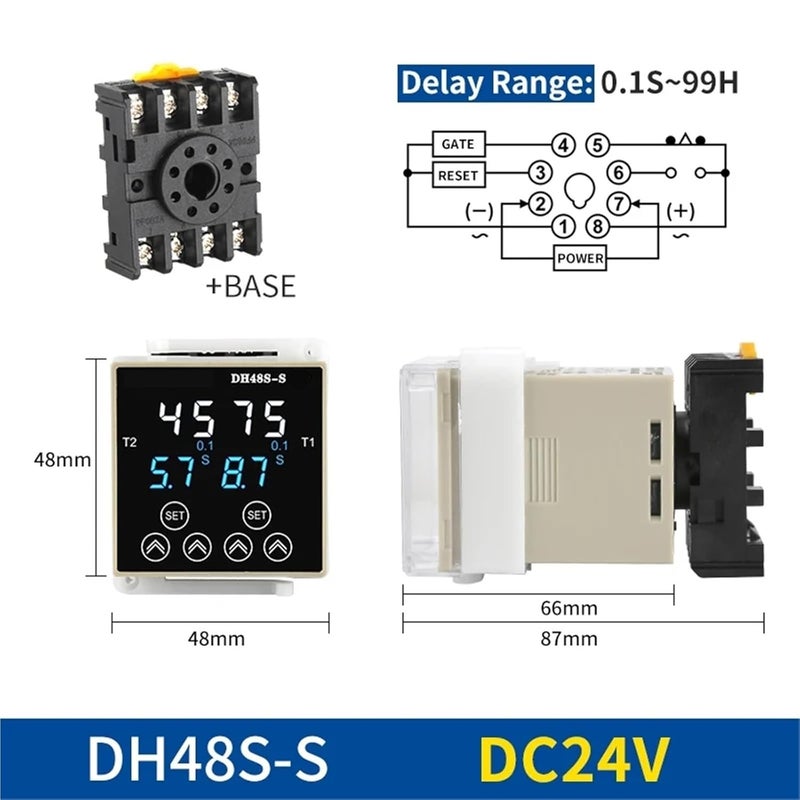 مرحل توقيت رقمي DH48S-S/1Z/2Z قابل للبرمجة تأخير دوري AC220V AC380V DC24V DC12V مع قاعدة مقبس 8 دبوس سكة دين 0.01S-9999H (DH48S-2Z DC12V) - Image 3