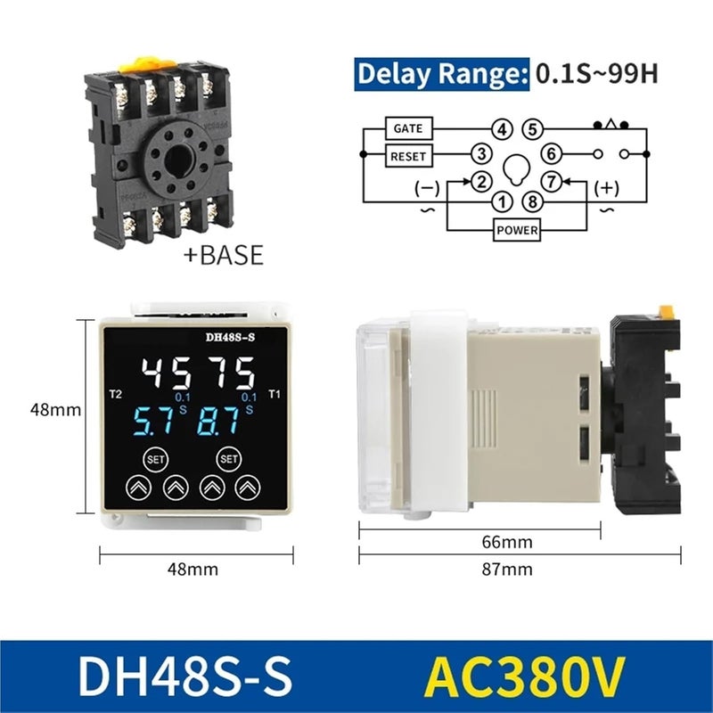 مرحل توقيت رقمي DH48S-S/1Z/2Z قابل للبرمجة تأخير دوري AC220V AC380V DC24V DC12V مع قاعدة مقبس 8 دبوس سكة دين 0.01S-9999H (DH48S-2Z DC12V) - Image 5