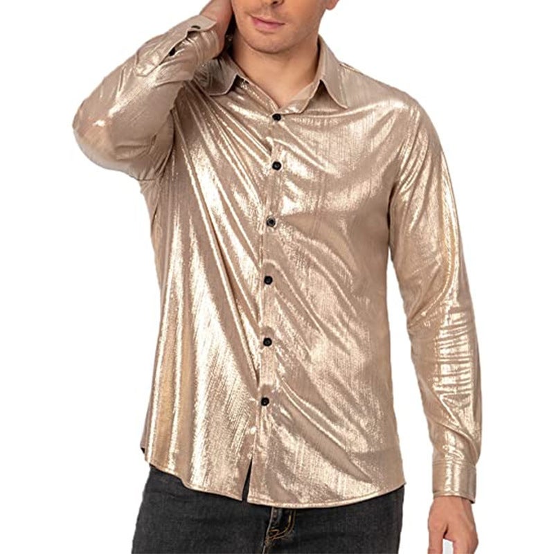 Casual Men'S Formal Shirt Sequin Button-Down Shirt Cosplay Costume Lapel Glossy T-Shirt Shirt