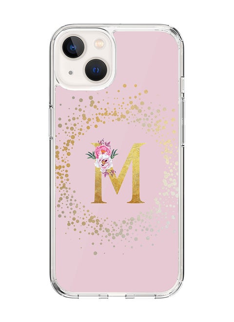 Classic Clear Case For iPhone 15 Plus, Hybrid Soft Case Flexible Edges Thin Cover- Custom Monogram Initial Letter Floral Pattern Alphabet - M (Pink)