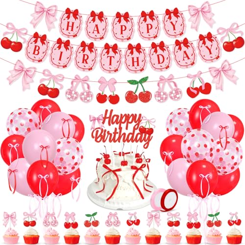 K KUMEED Cherry Birthday DecorationsCute Happy Birthday Cherry and Bow BannerSummer Fruit Cherries Party Supplies Cake Topper Latex Balloons for Birthday Party Decorations - Image 1