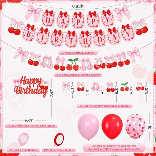 K KUMEED Cherry Birthday DecorationsCute Happy Birthday Cherry and Bow BannerSummer Fruit Cherries Party Supplies Cake Topper Latex Balloons for Birthday Party Decorations - Image 5