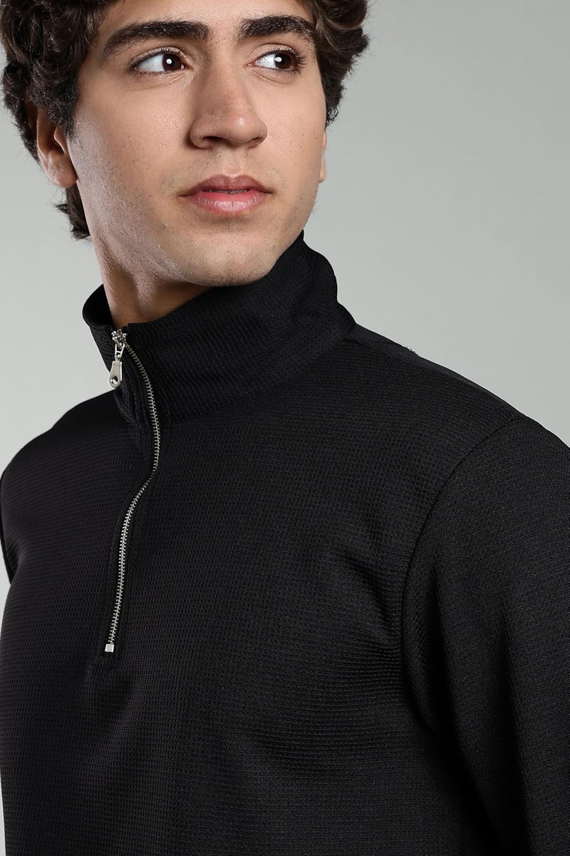 SWADESI STUFF Men's Classic Quarter-Zip Mock Neck T-Shirt, Full Sleeve, Polo Collar (in, Alpha, L, Regular, Black) - Image 3