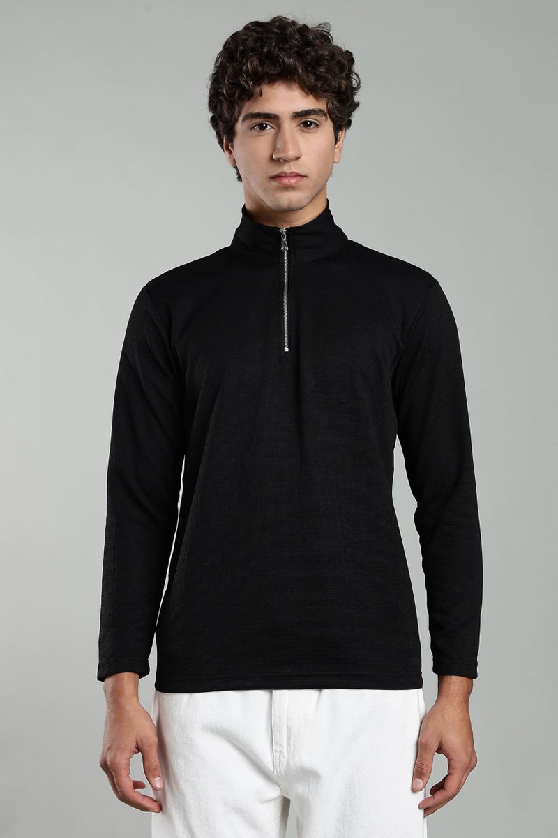 SWADESI STUFF Men's Classic Quarter-Zip Mock Neck T-Shirt, Full Sleeve, Polo Collar (in, Alpha, L, Regular, Black) - Image 4