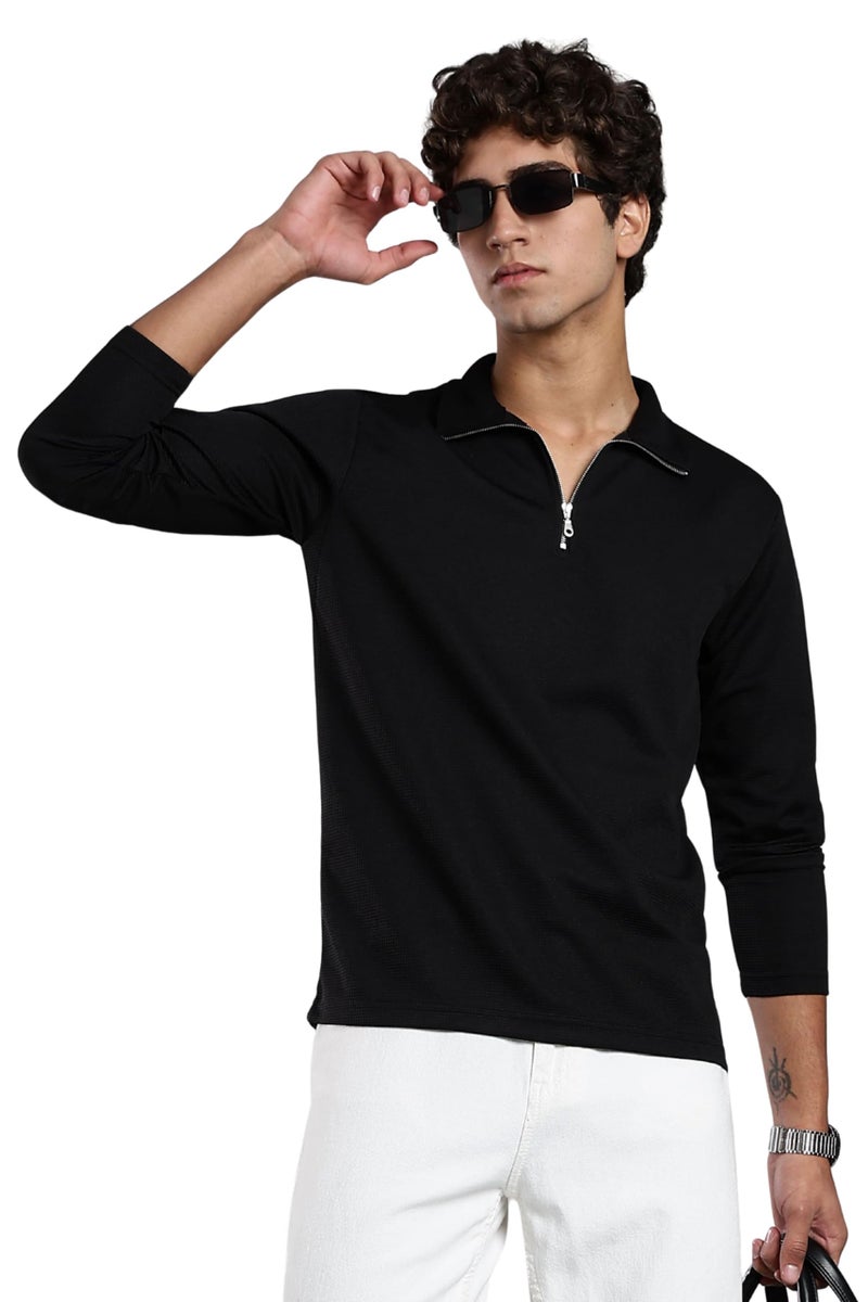 SWADESI STUFF Men's Classic Quarter-Zip Mock Neck T-Shirt, Full Sleeve, Polo Collar (in, Alpha, L, Regular, Black) - Image 1