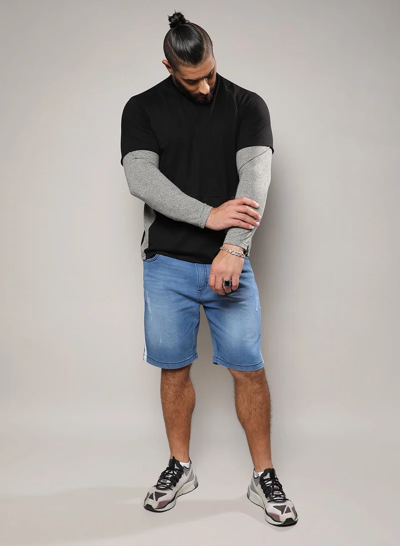Instafab Plus Instafab Plus Men's Carbon Black & Moon Grey Contrast Skater T-Shirt For Casual Wear | Crew Neck | Long Sleeve | Pull On Closure | T-Shirt Crafted With Comfort Fit For Everyday Wear