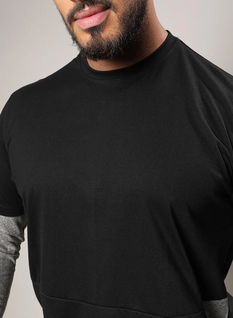 Instafab Plus Instafab Plus Men's Carbon Black & Moon Grey Contrast Skater T-Shirt For Casual Wear | Crew Neck | Long Sleeve | Pull On Closure | T-Shirt Crafted With Comfort Fit For Everyday Wear