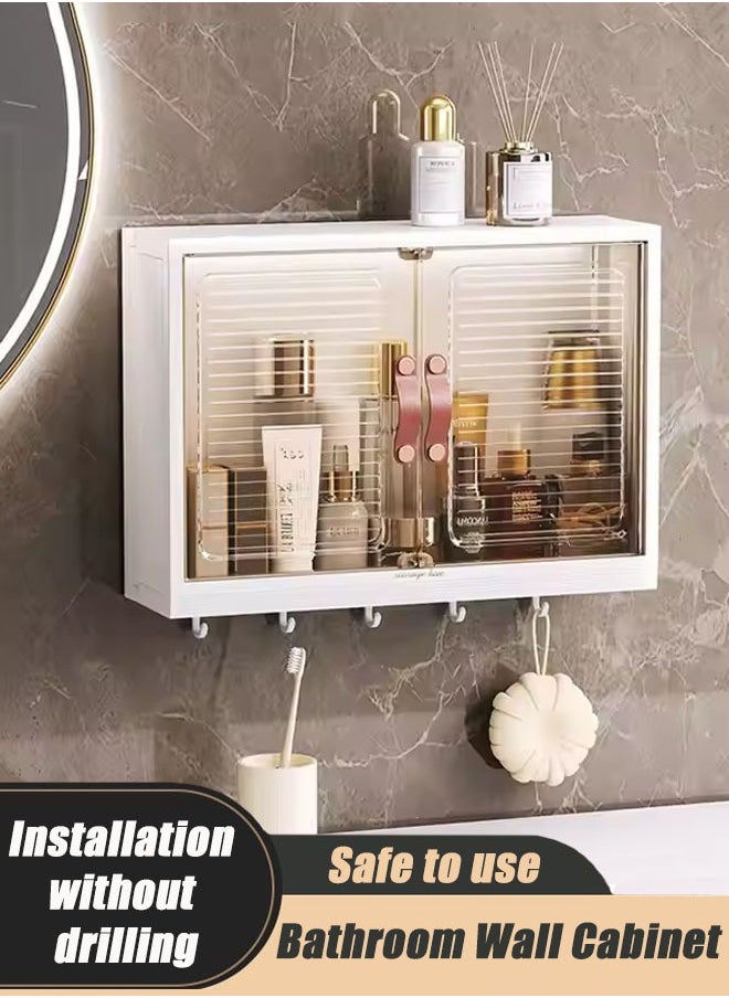 Beauenty Wall Cabinets Wall Mounted Floating Shelves Punch-free Bathroom Storage Cabinet Entrance Living Room Small Wall Cabinet With Hook,Double Door Bathroom Storage Shelf Over Toilet, Wall Mounted Makeup  - Image 1