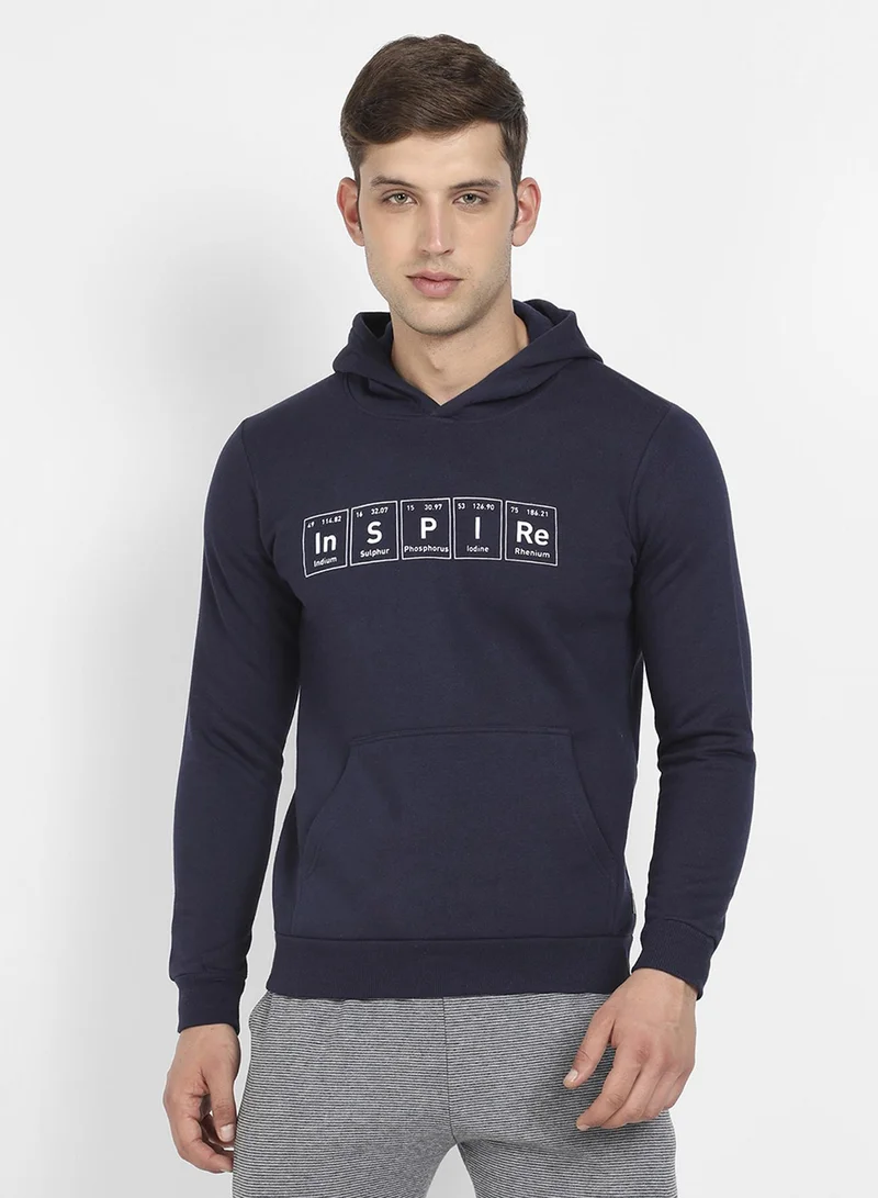 Campus Sutra Men's Midnight Blue Inspire Print Pullover Hoodie