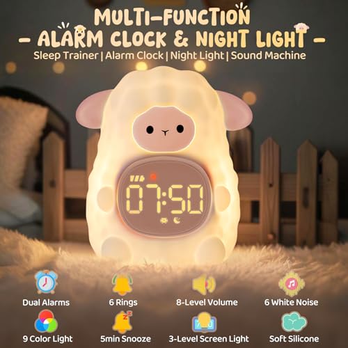 Aokpsrt Sheep Alarm Clock with Night Light for Kids with Sleep Training and Sound Machine Rechargeable Silicone Lamp OK to Wake ClockCute Animal Tabletop Lamp Perfect Sleep Companion for Boys Girls Pink - Image 3