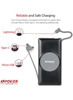 KPOWER 8 in 1 Wireless Power Bank Station 10000mAh with Built-in Cable, Power Delivery 20W QC Wireless and 1 Rapid Re-Charging Station with 4 USB Output Color: Black  - Image 4