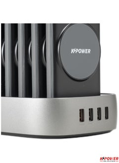 KPOWER 8 in 1 Wireless Power Bank Station 10000mAh with Built-in Cable, Power Delivery 20W QC Wireless and 1 Rapid Re-Charging Station with 4 USB Output Color: Black  - Image 3