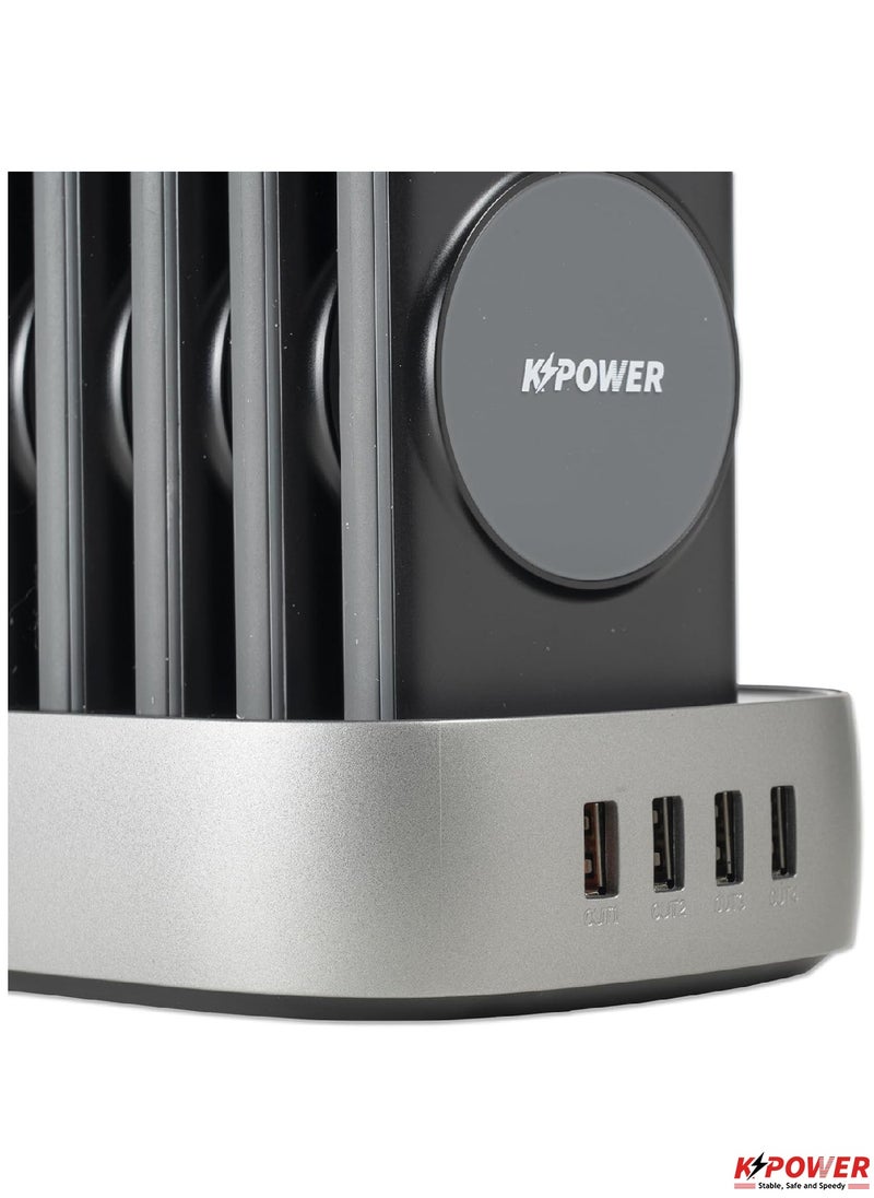 KPOWER - 8 in 1 Wireless Power Bank Station 10000mAh with Built-in Cable, Power Delivery 20W QC Wireless and 1 Rapid Re-Charging Station with 4 USB Output Color: Black - Image 1