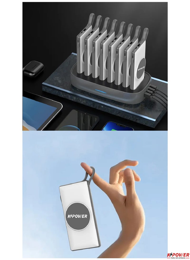 KPOWER - 8 in 1 Wireless Power Bank Station 10000mAh with Built-in Cable, Power Delivery 20W QC Wireless and 1 Rapid Re-Charging Station with 4 USB Output Color: Black - Image 1