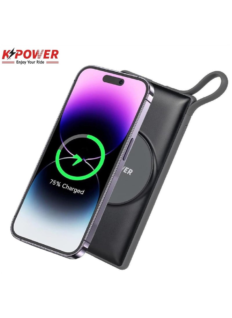 KPOWER - 8 in 1 Wireless Power Bank Station 10000mAh with Built-in Cable, Power Delivery 20W QC Wireless and 1 Rapid Re-Charging Station with 4 USB Output Color: Black - Image 1