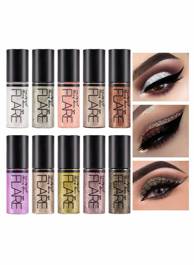 Excefore Waterproof Colorful Liquid Glitter Eyeshadow Kit, 10Pcs Longwearing Gold Liquid Glitter Eyeliner Set, Liquid Eye Glitter Sparkle Eye shadow Glitter sombra de para ojos Makeup Glitter for Eyes - Image 1