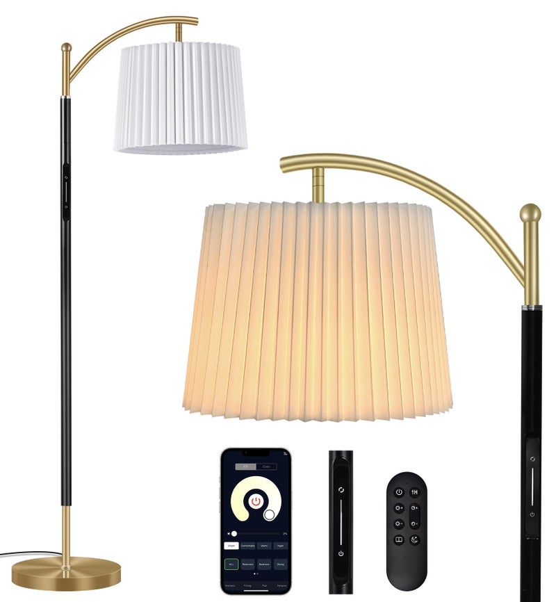 Etto Modern Dimmable Floor Lamp with Fabric & Pleated Shades, Remote & Touch Control, Adjustable Brightness & Color Temperatures, Tall Standing Lamp for Living Room Bedroom Office (Black Gold) - Image 1
