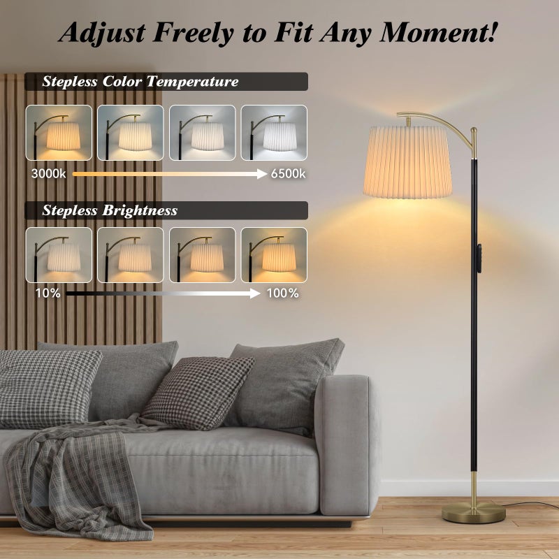 Etto Modern Dimmable Floor Lamp with Fabric & Pleated Shades, Remote & Touch Control, Adjustable Brightness & Color Temperatures, Tall Standing Lamp for Living Room Bedroom Office (Black Gold) - Image 2
