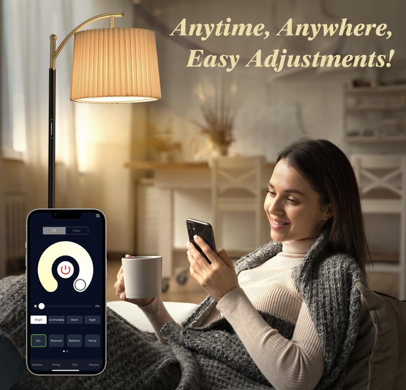 Etto Modern Dimmable Floor Lamp with Fabric & Pleated Shades, Remote & Touch Control, Adjustable Brightness & Color Temperatures, Tall Standing Lamp for Living Room Bedroom Office (Black Gold) - Image 5