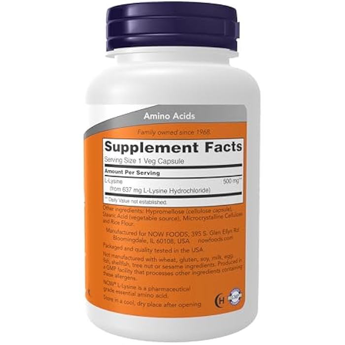 now Supplements, L-Lysine (L-Lysine Monohydrochloride) 500 mg, Amino Acid, 100 Veg Capsules - Image 2