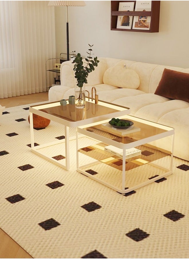 fashionhome - Set of 2 Multipurpose Use Retractable Nesting Design Coffee Tables Luxury Style Tempered Glass Tabletop with Decorative LED Lights Center Tables End Tables Durable Metal Base Serving Table for Living Room Home Office 60x60x45 and 50x50x40 cm - Image 1