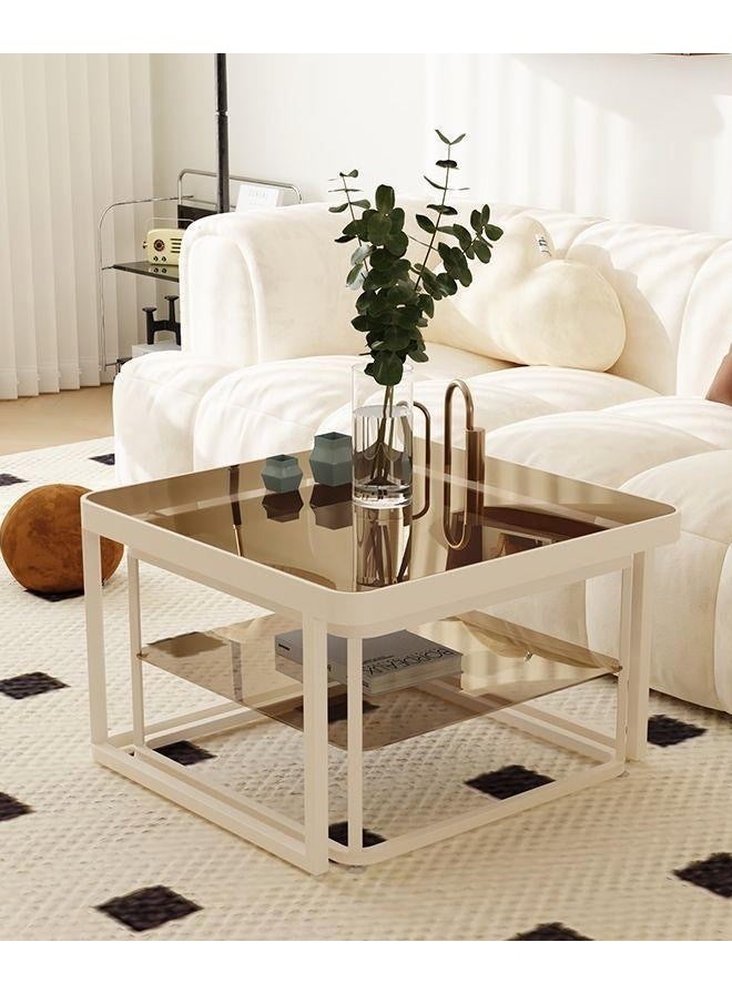 fashionhome - Set of 2 Multipurpose Use Retractable Nesting Design Coffee Tables Luxury Style Tempered Glass Tabletop with Decorative LED Lights Center Tables End Tables Durable Metal Base Serving Table for Living Room Home Office 60x60x45 and 50x50x40 cm - Image 1
