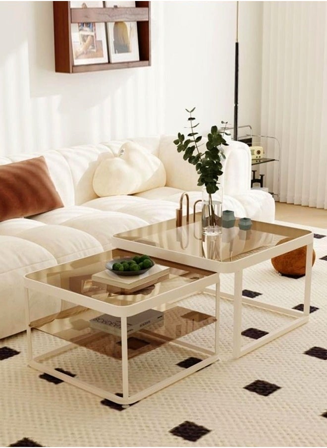 fashionhome - Set of 2 Multipurpose Use Retractable Nesting Design Coffee Tables Luxury Style Tempered Glass Tabletop with Decorative LED Lights Center Tables End Tables Durable Metal Base Serving Table for Living Room Home Office 60x60x45 and 50x50x40 cm - Image 1