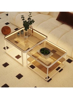 fashionhome Set of 2 Multipurpose Use Retractable Nesting Design Coffee Tables Luxury Style Tempered Glass Tabletop with Decorative LED Lights Center Tables End Tables Durable Metal Base Serving Table for Living Room Home Office 60x60x45 and 50x50x40 cm  - Image 5