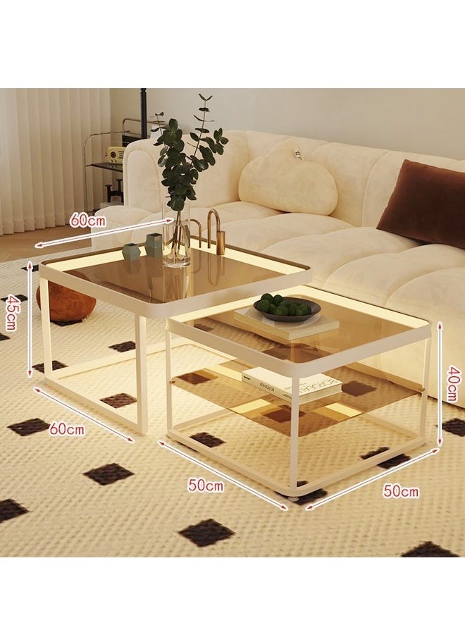 fashionhome - Set of 2 Multipurpose Use Retractable Nesting Design Coffee Tables Luxury Style Tempered Glass Tabletop with Decorative LED Lights Center Tables End Tables Durable Metal Base Serving Table for Living Room Home Office 60x60x45 and 50x50x40 cm - Image 1