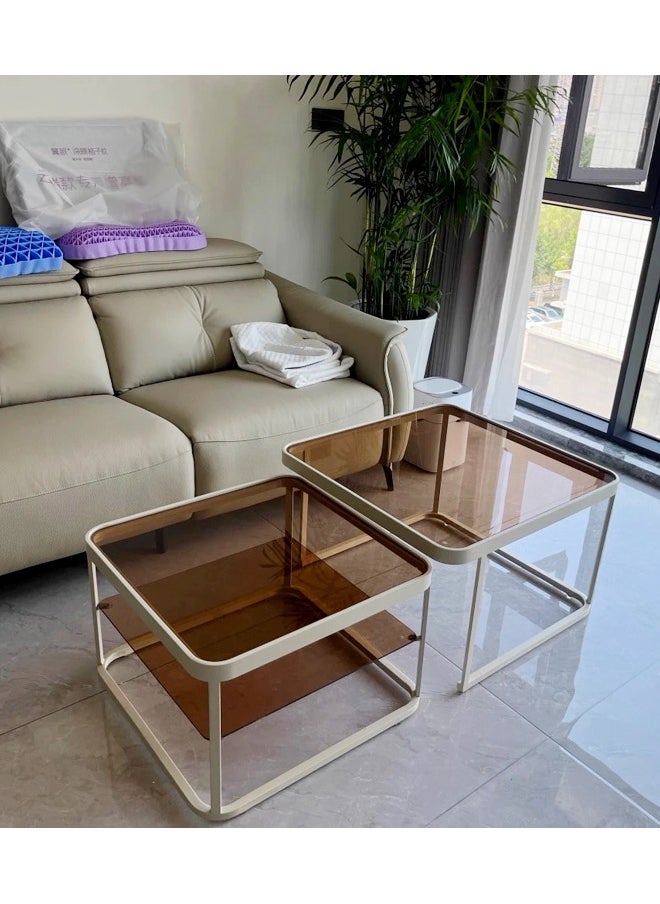 fashionhome - Set of 2 Multipurpose Use Retractable Nesting Design Coffee Tables Luxury Style Tempered Glass Tabletop with Decorative LED Lights Center Tables End Tables Durable Metal Base Serving Table for Living Room Home Office 60x60x45 and 50x50x40 cm - Image 1