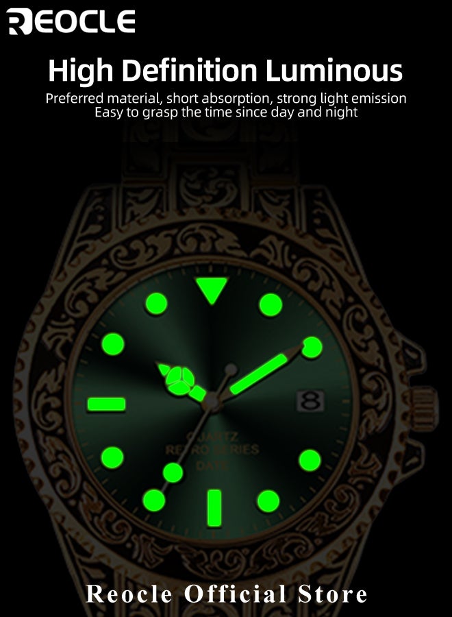 REOCLE Men's Quartz Watch with Pattern Carved Stainless Steel Strap & Luminous Hands & Everyday Water Resistance & Calendar Display Business Wrist Watches for Men - Image 4