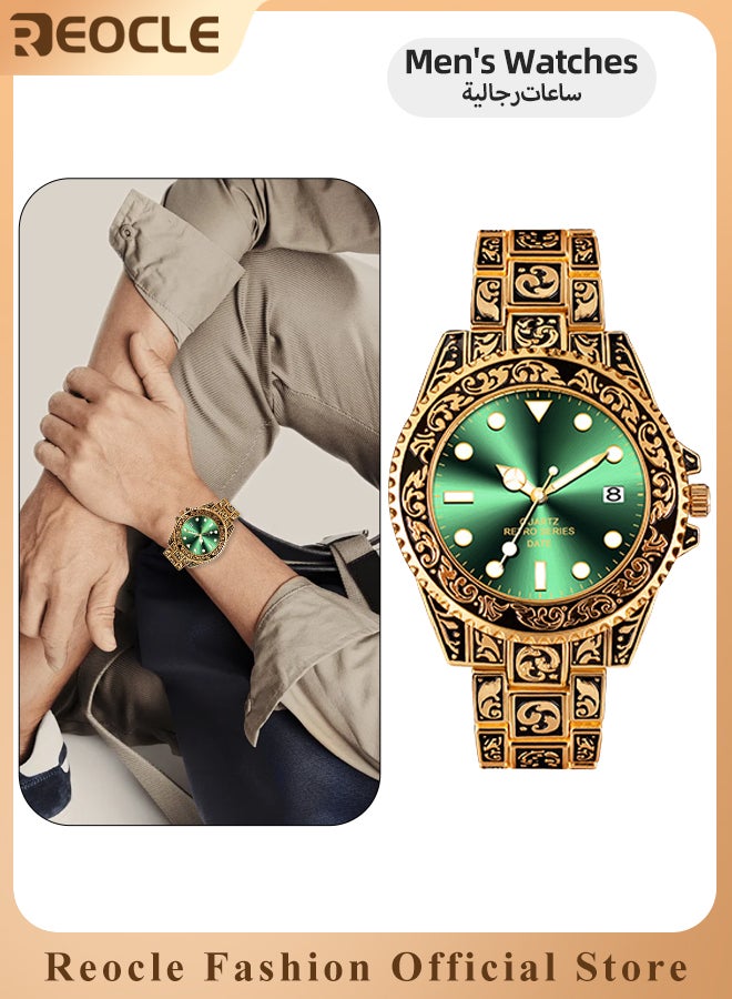 REOCLE Men's Quartz Watch with Pattern Carved Stainless Steel Strap & Luminous Hands & Everyday Water Resistance & Calendar Display Business Wrist Watches for Men - Image 1