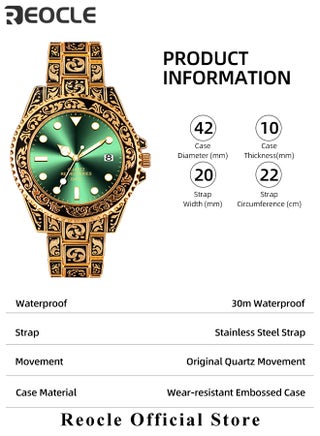 Men's Quartz Watch with Pattern Carved Stainless Steel Strap & Luminous Hands & Everyday Water Resistance & Calendar Display Business Wrist Watches for Men - view 5