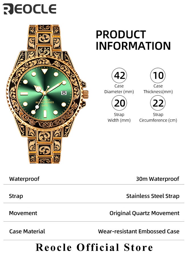 REOCLE Men's Quartz Watch with Pattern Carved Stainless Steel Strap & Luminous Hands & Everyday Water Resistance & Calendar Display Business Wrist Watches for Men - Image 5