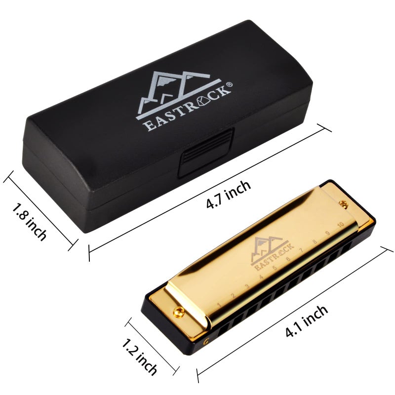 EASTROCK هارمونيكا شرق روك الزرقاء 10 ثقوب مفتاح سي مع حقيبة، هارمونيكا دياتونيك للاعبين المحترفين، المبتدئين، هدايا الطلاب، البالغين، الأصدقاء، هدية (ذهبي) - Image 4