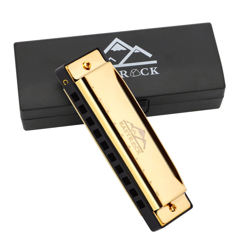 EASTROCK هارمونيكا شرق روك الزرقاء 10 ثقوب مفتاح سي مع حقيبة، هارمونيكا دياتونيك للاعبين المحترفين، المبتدئين، هدايا الطلاب، البالغين، الأصدقاء، هدية (ذهبي) - Image 1