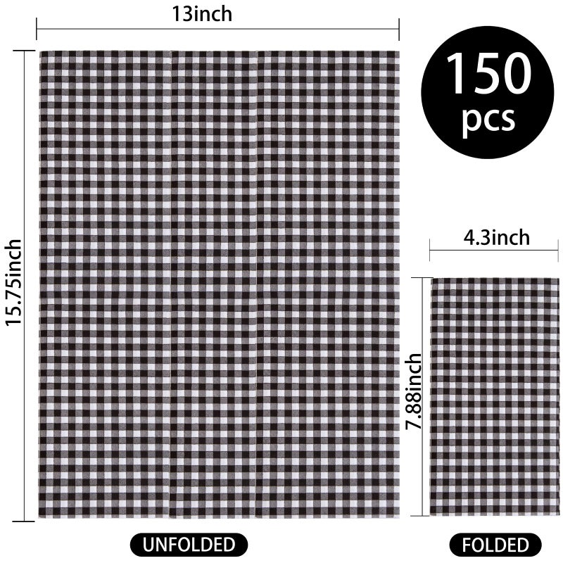 WDF WDF 150Pack Black Gingham Napkins - 3 Ply Disposable Black and White Checkered Guest Napkins  Dinner Paper Hand Towels for Bathroom Picnic BBQ Birthday Graduation Wedding Party  - Image 3