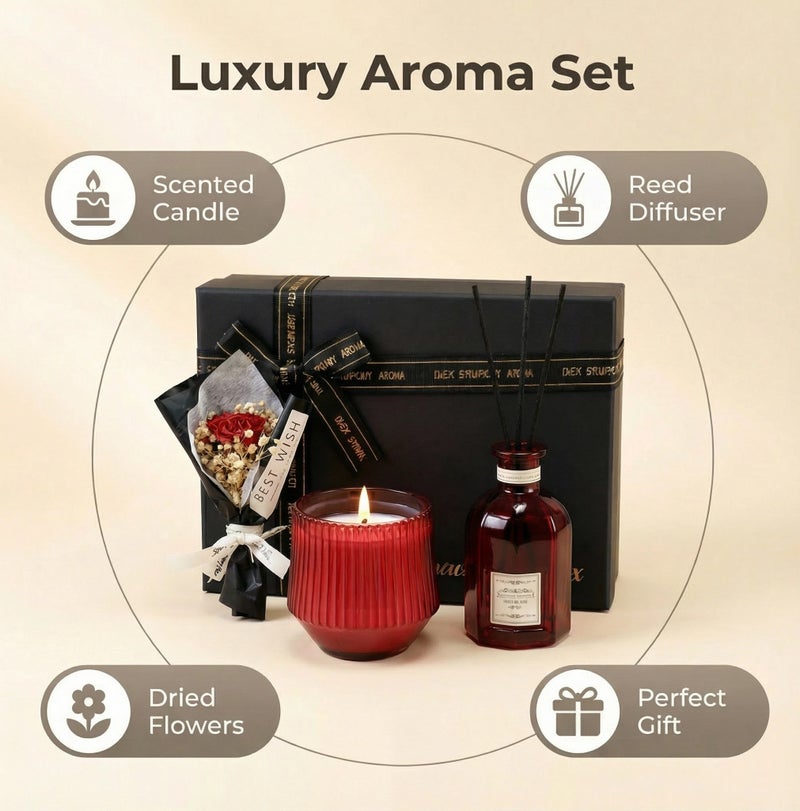 مجموعة هدية عطر منزلي برائحة الورد، تشمل شموع معطرة وناشر عطر بالعيدان وزهور جافة طبيعية، رائحة تدوم طويلاً ومهدئة، هدية ديكور عطري للمنزل - Image 3