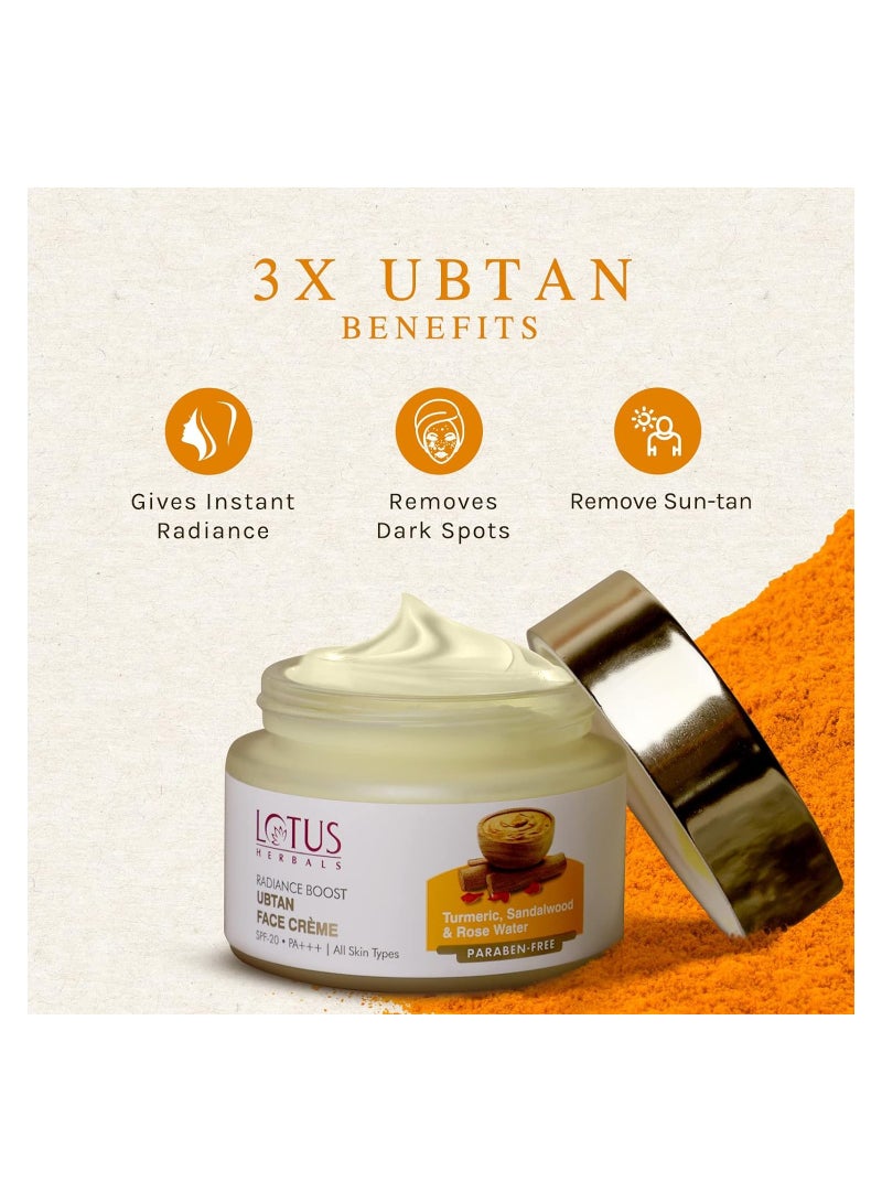 LOTUS HERBALS Lotus Herbals Radiance Boost Ubtan Face Cream SPF 20Turmeric, Sandalwood and Rose Water Glowing Skin Reducing Dark Spots Paraben free Mineral Oil Free 50gm - Image 2