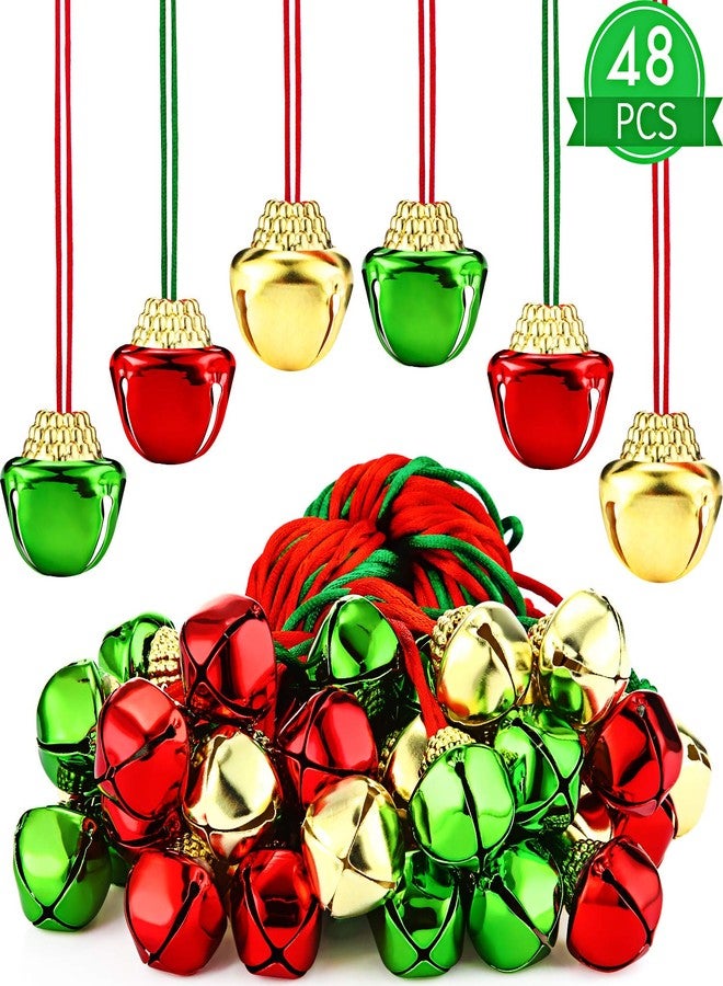 Gejoy 48 Pieces Christmas Bell Necklaces Christmas Holiday Necklaces Gold Red Green Xmas Jingle Bell Necklaces with Ribbons for Christmas Craft Gift Supplies Stocking Stuffers Accessories - Image 1