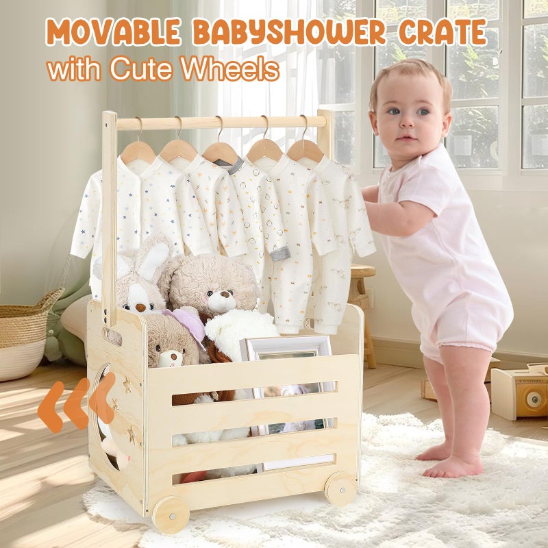 Lifesnug Wooden Baby Shower Crate Closet with Wheels & Higher Handle, Pushable Baby Shower Gifts Baby Basket, Wooden Crate for Storage, Personalized Baby Gifts for Newborn Boy Girl New Parent, 28" x 13.6" x 9" - Image 2