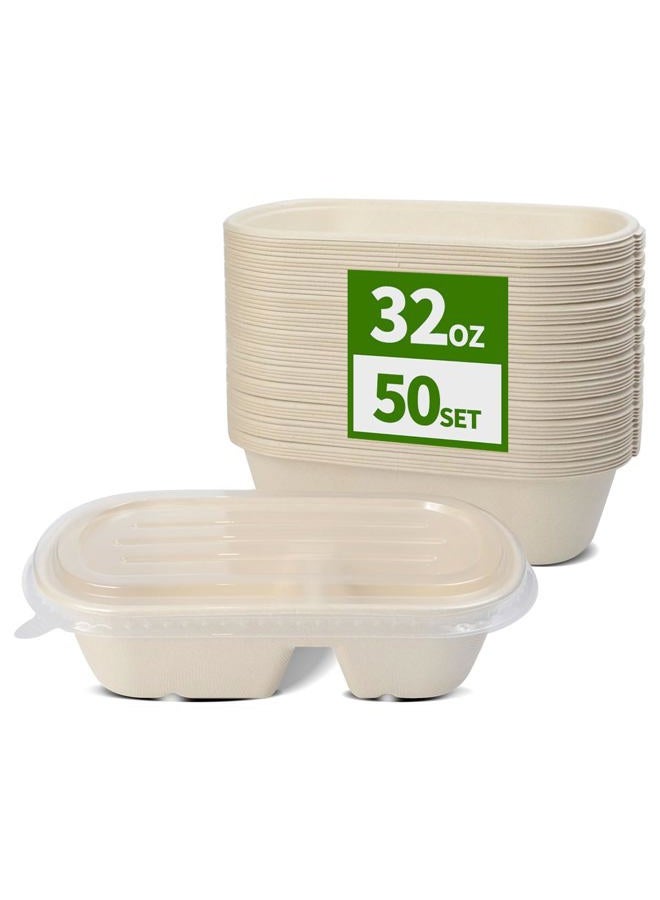 AICHEF 50 Pack 32 oz Large 2 Compartment Paper Bowls with Lids, Paper Meal Prep Containers with Compartment for Main Dish and Sides (50 Bowls 50 Lids) - Image 1