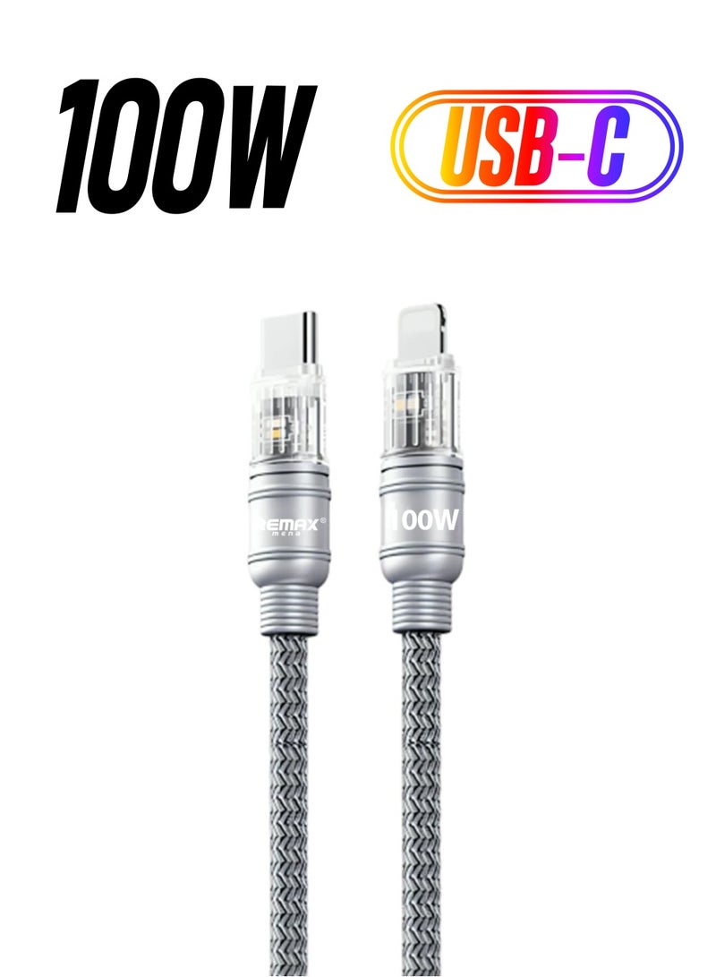 Remax Mena USB C Cable 100W with Light Connector 1M, USB Type C to iPh Cable,  Zinc Alloy & Braided, Fast Charging Data Cable, Ultra-Fast Cable for Galaxy S20 Series and iPh 15/16 Series (Silver Grey) - Image 1