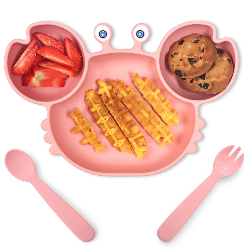ROCCED Suction Plates for Baby Silicone Plates with Suction Divided Baby Spoon Fork Set for Toddler Baby Dishes Kids UtensilsCrab Pink